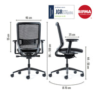 Abmessungen des Yaasa Chair Classic in Schwarz mit IGR und BIFMA Zertifikat