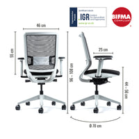 Abmessungen des Yaasa Chair Classic in Weiss mit IGR und BIFMA Zertifikat