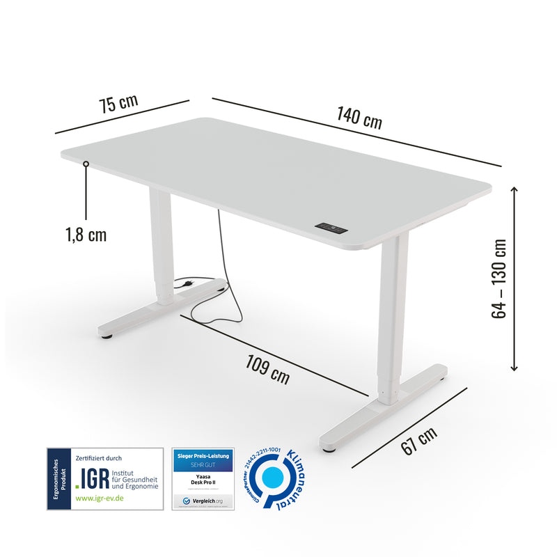 Abmessungen des Preis-Leistung-Siegers Yaasa Desk Pro 2 in 140 x 75 cm in der Farbe Offwhite und mit IGR Zertifikat.