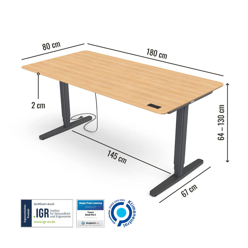 Abmessungen des Preis-Leistung-Siegers Yaasa Desk Pro 2 in 180 x 80 cm in der Farbe Eiche Vollholz/Schwarz und mit IGR Zertifikat.