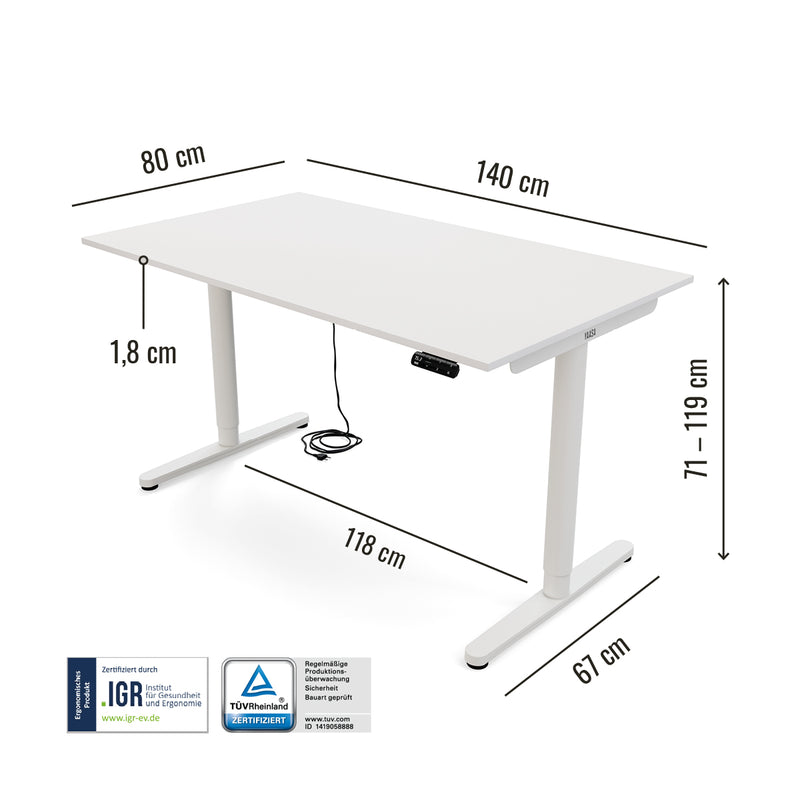 Abmessungen des Yaasa Desk Essential 140 x 80 cm in der Farbe Weiß mit IGR-Siegel.