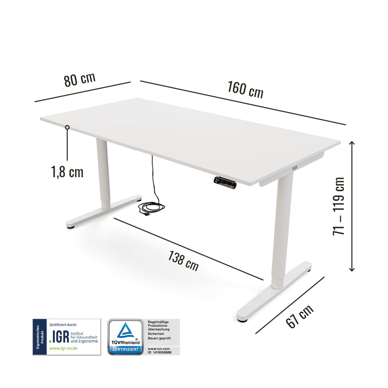 Abmessungen des Yaasa Desk Essential 160 x 80 cm in der Farbe Weiß mit IGR-Siegel.