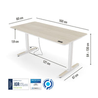 Abmessungen des Preis-Leistung-Siegers Yaasa Desk Pro 2 in 160 x 80 cm in der Farbe Akazie und mit IGR Zertifikat.