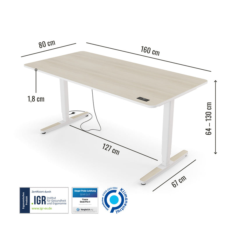 Abmessungen des Preis-Leistung-Siegers Yaasa Desk Pro 2 in 160 x 80 cm in der Farbe Akazie und mit IGR Zertifikat.