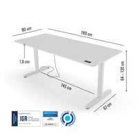 Abmessungen des Preis-Leistung-Siegers Yaasa Desk Pro 2 in 180 x 80 cm in der Farbe Offwhite und mit IGR Zertifikat.